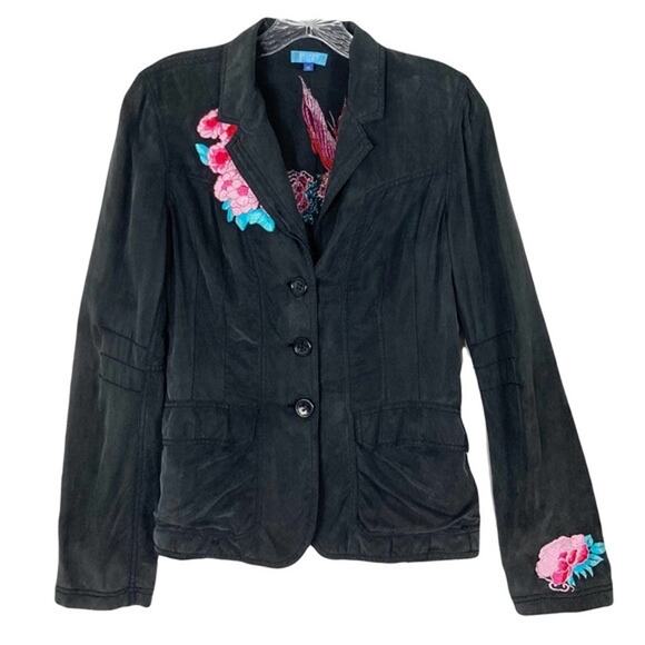Vintage ESCADA SPORT Blazer Jacket 36~S SILK Black/Grey Pink-Embroidery-Peacock - Picture 1 of 16